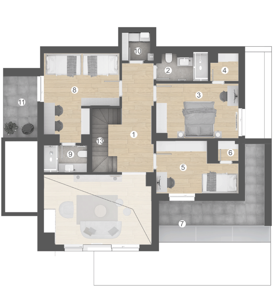 osnova stana 62, 200,66m2 - pet soba - nivo 2