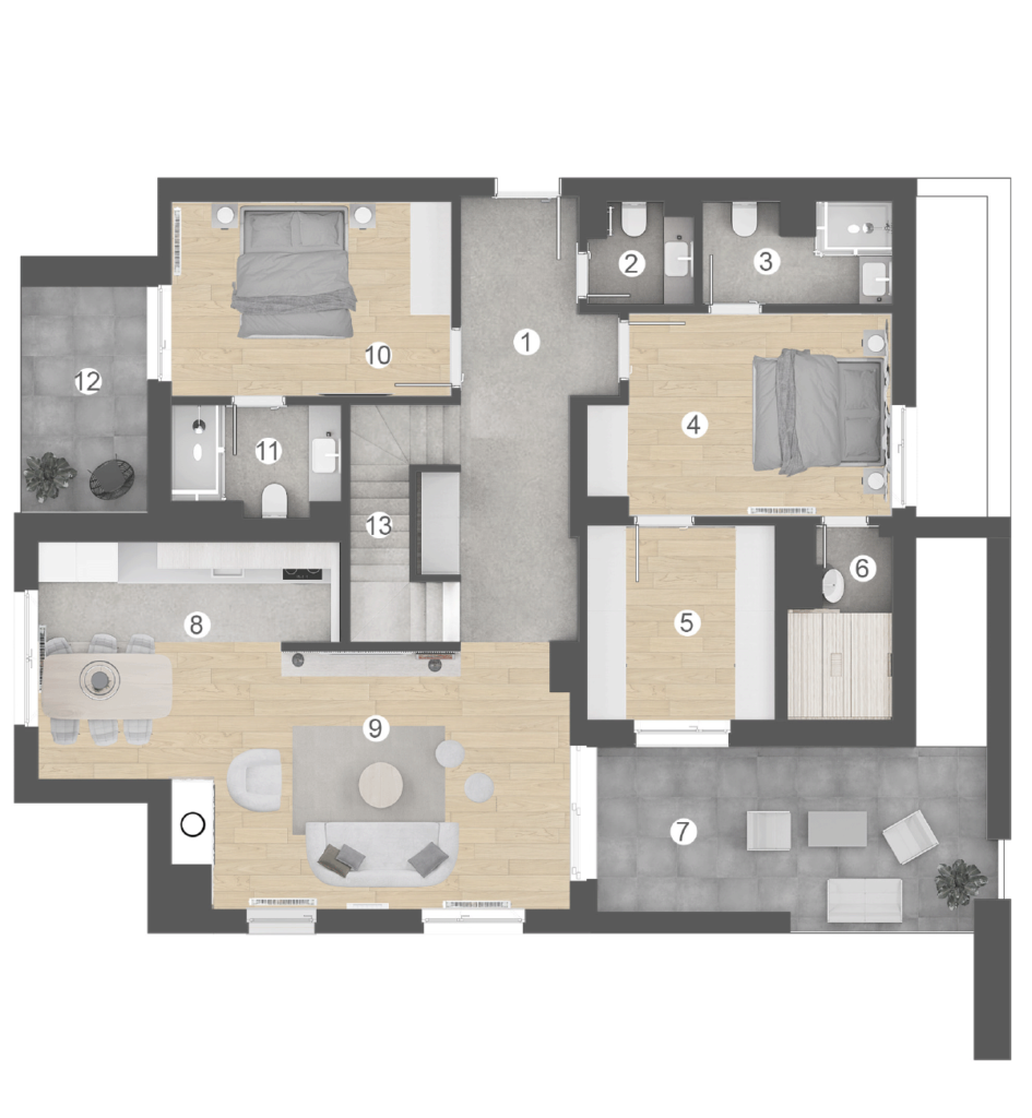 osnova stana 62, 200,66m2 - pet soba - nivo 1